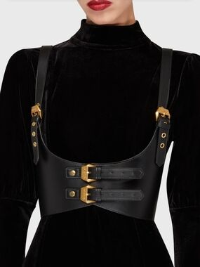 Killstar Black Leather Harness with Gold Buckles